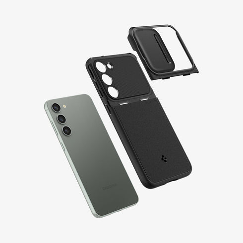 ACS05639 - Galaxy S23 Ultra Case Optik Armor in black showing the back with lens protector slot open